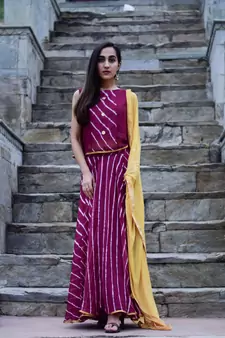 Purple wine dress with light golden dupatta