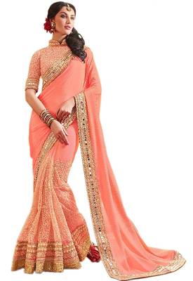 Pink embroidered georgette saree with blouse 1