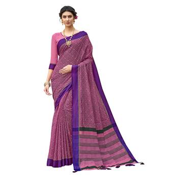 Pink woven banarasi silk blend saree with blouse 1