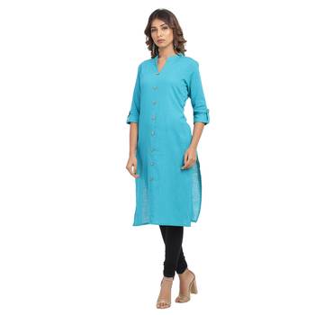 Turquoise plain cotton cotton-kurtis 3