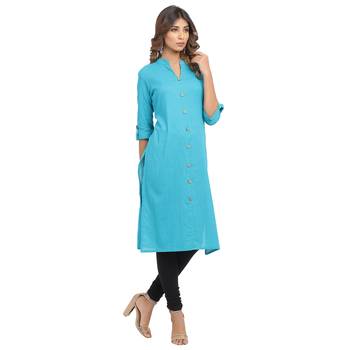 Turquoise plain cotton cotton-kurtis 4