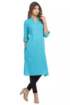 Turquoise plain cotton cotton-kurtis