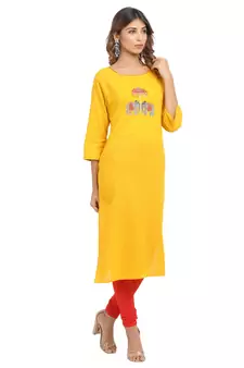 Yellow embroidered cotton embroidered-kurtis