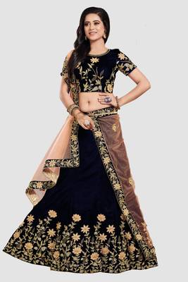Blue embroidered
 velvet semi stitched lehenga 1