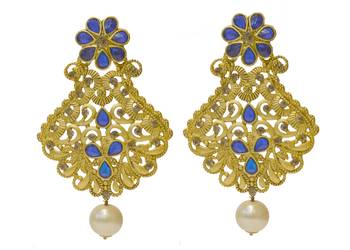 Kundan Stone Floral Blue Beads Earrings 1