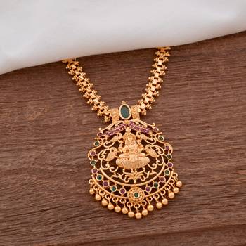 Golden short Laxmi necklace with pink and green stones one gram gold 1