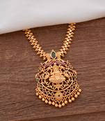 Golden short Laxmi necklace with pink and green stones one gram gold