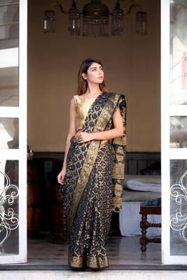 Black art silk zari saree with border 3