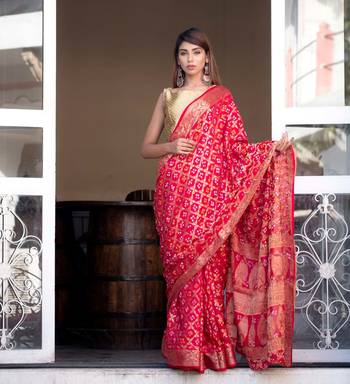 Red art silk saree with zari weaves and heavy pallu 4