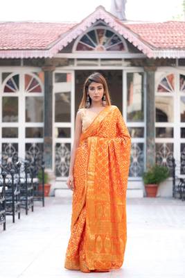 Kesariya rang art silk saree with golden blouse 1