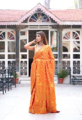 Kesariya rang art silk saree with golden blouse 2