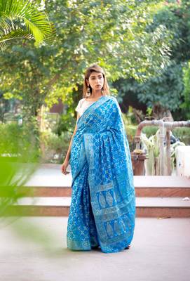 Blue art silk saree with silver blouse 1