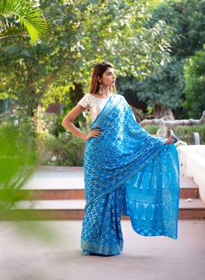 Blue art silk saree with silver blouse 2