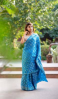 Blue art silk saree with silver blouse 3