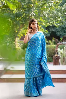 Blue art silk saree with silver blouse