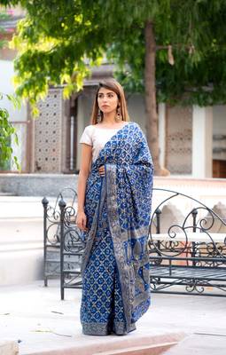 Navy blue art silk saree within silver blouse 1