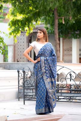 Navy blue art silk saree within silver blouse 2