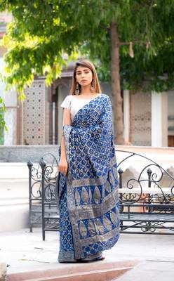 Navy blue art silk saree within silver blouse 3
