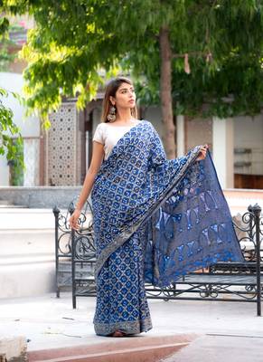 Navy blue art silk saree within silver blouse 4