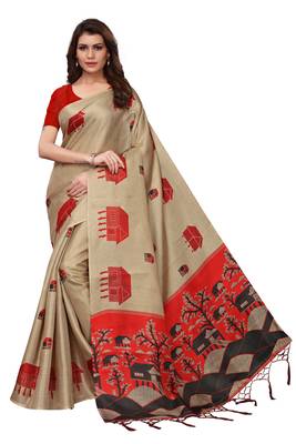 Chiku printed khadi saree with blouse 1