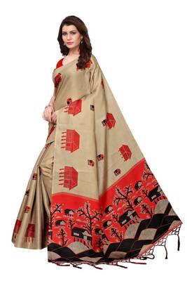 Chiku printed khadi saree with blouse 2