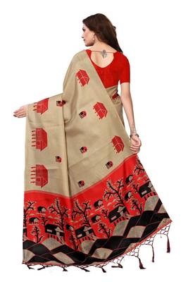 Chiku printed khadi saree with blouse 4