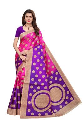 Pink printed khadi saree with blouse 1