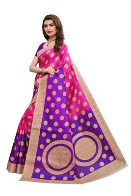 Pink printed khadi saree with blouse 2
