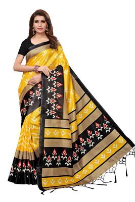 Yellow printed khadi saree with blouse 1