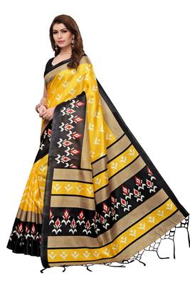 Yellow printed khadi saree with blouse 2