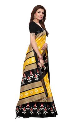 Yellow printed khadi saree with blouse 3