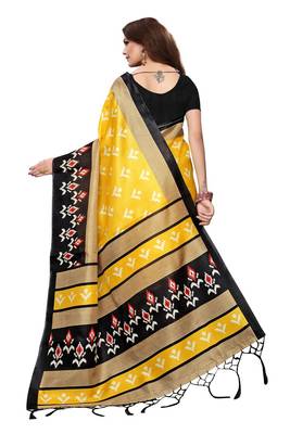 Yellow printed khadi saree with blouse 4