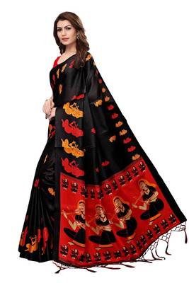 Black printed khadi saree with blouse 2
