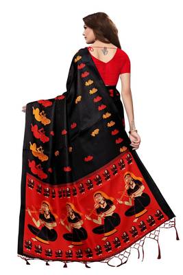 Black printed khadi saree with blouse 4