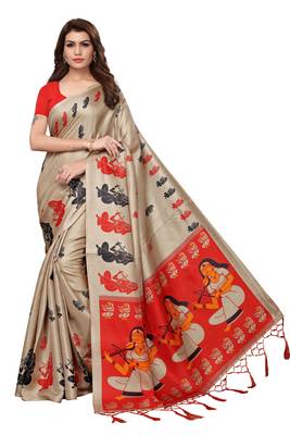 Chiku printed khadi saree with blouse 1