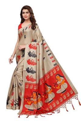 Chiku printed khadi saree with blouse 2