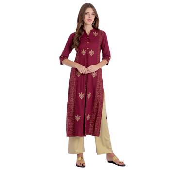 Wine embroidered rayon kurti 1