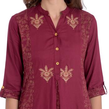 Wine embroidered rayon kurti 5