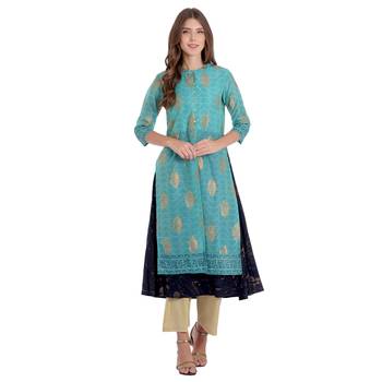 Teal printed chanderi kurti 1
