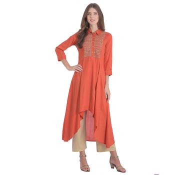 Orange embroidered rayon kurti 1