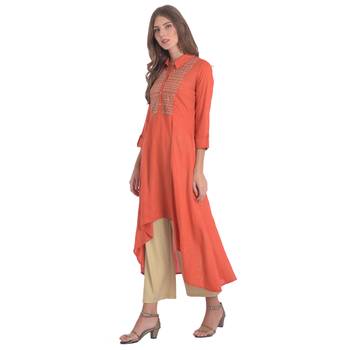 Orange embroidered rayon kurti 3