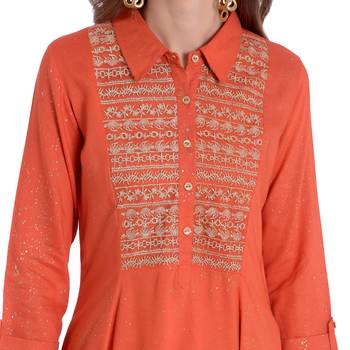 Orange embroidered rayon kurti 5