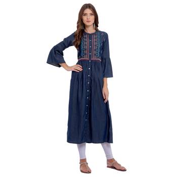 Navy blue embroidered cotton kurti 1