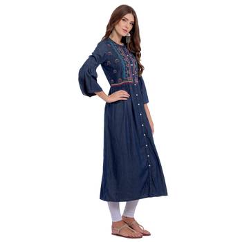 Navy blue embroidered cotton kurti 2