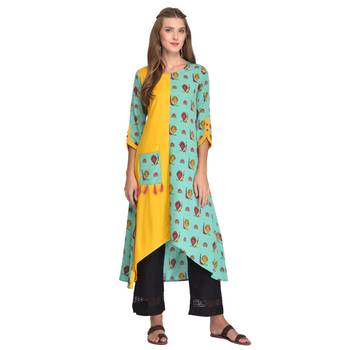 Yellow printed polyester kurti 1