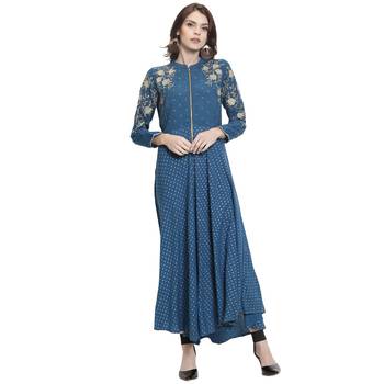 Turquoise embroidered rayon kurti 1