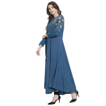 Turquoise embroidered rayon kurti 3