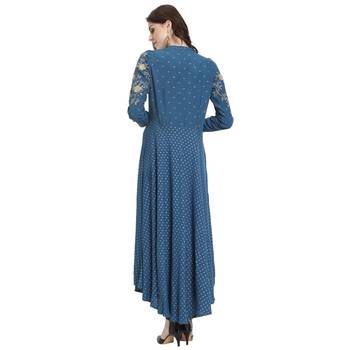 Turquoise embroidered rayon kurti 4