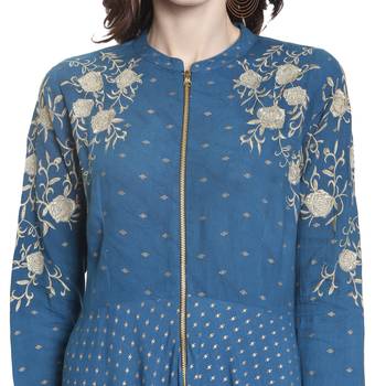 Turquoise embroidered rayon kurti 5