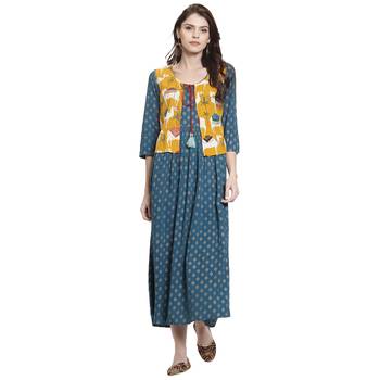Turquoise printed rayon kurti 1